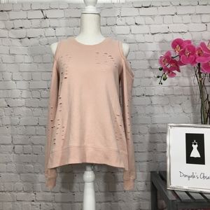 Distressed Open Shoulder Back Zip Sweatshirt